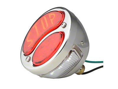 LED Stop Script Tail Light with License Plate Light; Stainless Steel Housing; Red Lens; Driver Side (28-31 Model A)