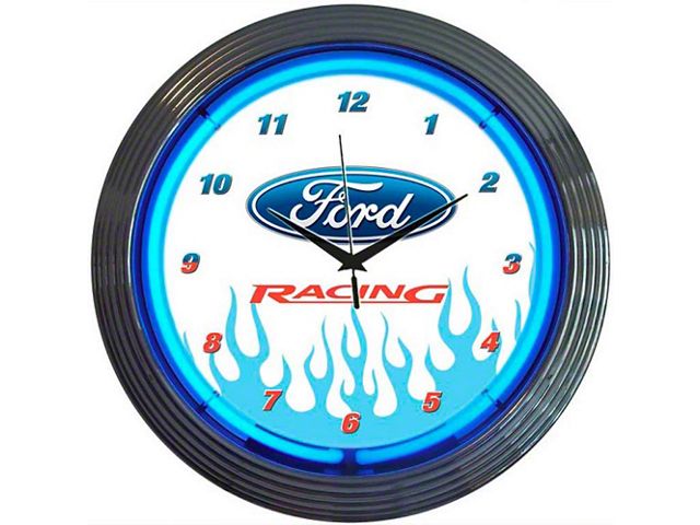 Ford Clock, Blue Neon, Ford Racing With Flames Design