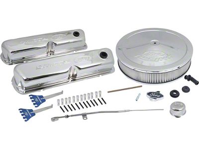 Ford Engine Dress-Up Kit, Embossed Emblems, Chrome