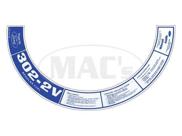 Ford Pickup Truck Air Cleaner Decal - 302 2V, Regular Fuel