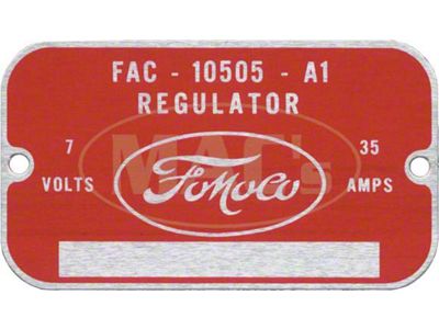 Ford Pickup Truck Voltage Regulator Metal Tag - Reproduction - As Original