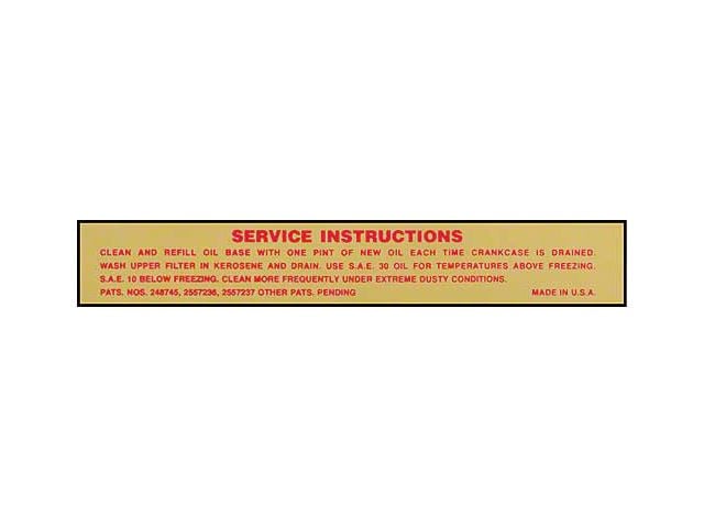 Ford Thunderbird Air Cleaner Decal, Service Instructions, 1956-57