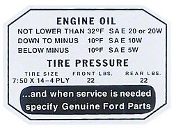 Glove Box Decal, Engine Oil / Tire Pressure (1957 Ford Thunderbird)
