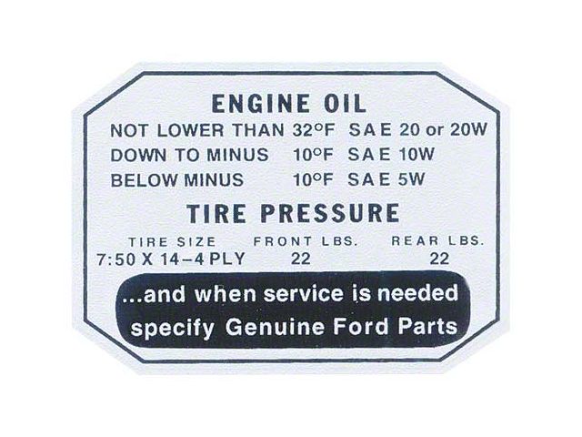 Ford Thunderbird Glove Box Decal, Engine Oil / Tire Pressure, 1957