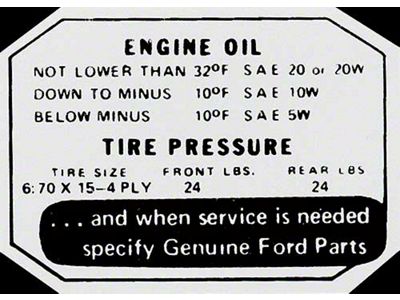 Ford Thunderbird Glove Box Decal, Tire Pressure, 1955-56