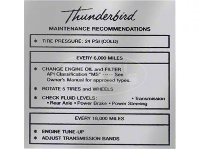 Ford Thunderbird Glove Box Decal, Tire Pressure, 1962-63