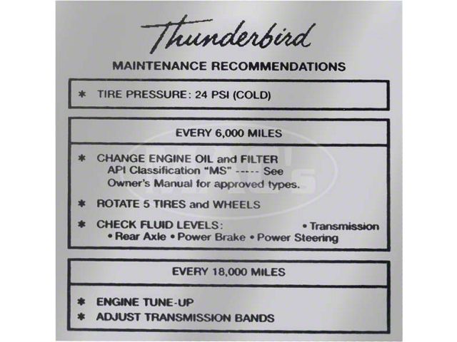 Ford Thunderbird Glove Box Decal, Tire Pressure, 1962-63