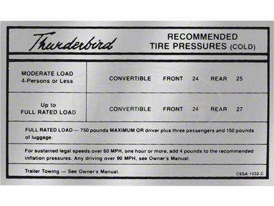 Ford Thunderbird Glove Box Decal, Tire Pressure, Convertible, 1966