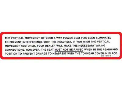 Ford Thunderbird Glove Box Door Decal, Tonneau Cover Warning, Sports Roadster, 1962-64