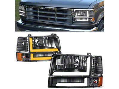 LED Switchback Headlights with Amber Corners; Black Housing; Clear Lens (92-96 F-150, F-250, F-350)