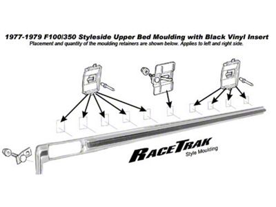 Ford Pickup Truck Race Trak Moulding - Bed Side Upper - Right - Black Vinyl Insert - Has Downturn To Connect With RightRear Vertical Moulding