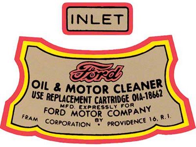 Fram Oil Filter Decal Set - 2 Decals - Gold , Black & Red -Ford Passenger
