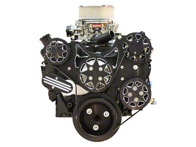 Front Drive System, Small Block Chevy, Black Silverline, NO AC with Power Steering