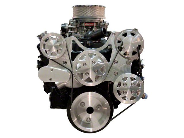 Front Drive System, Small Block Chevy, w/ On Board PS Reservoir, Machine finish, NO AC with Power Steering