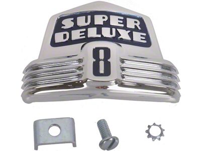 Front Hood Emblem - Super Deluxe On A Blue Background - DieCast - Chrome - Ford 8 Cylinder Passenger