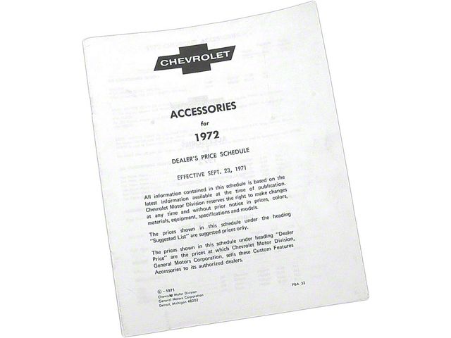 Full Size Chevy Accessory List Folder, 1972