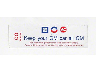 Full Size Chevy Air Cleaner Decal, Keep Your GM Car All GM, 250ci/155hp, 1969