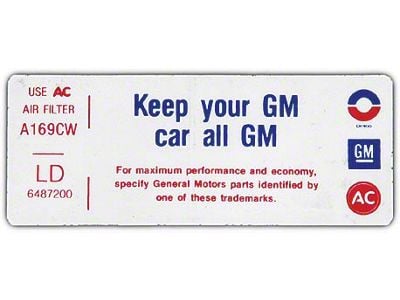 Full Size Chevy Air Cleaner Decal, Keep Your GM Car All GM, 250ci, 1972