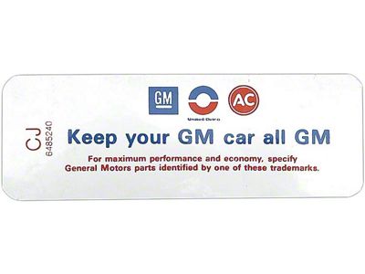 Full Size Chevy Air Cleaner Decal, Keep Your GM Car All GM, 350ci/250hp, 1969