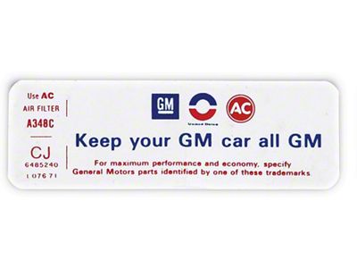Full Size Chevy Air Cleaner Decal, Keep Your GM Car All GM, 396ci/300hp, 1970