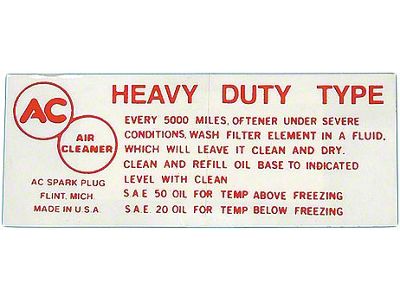 Full Size Chevy Air Cleaner Service Instruction Decal, 283ci & 348ci,1958