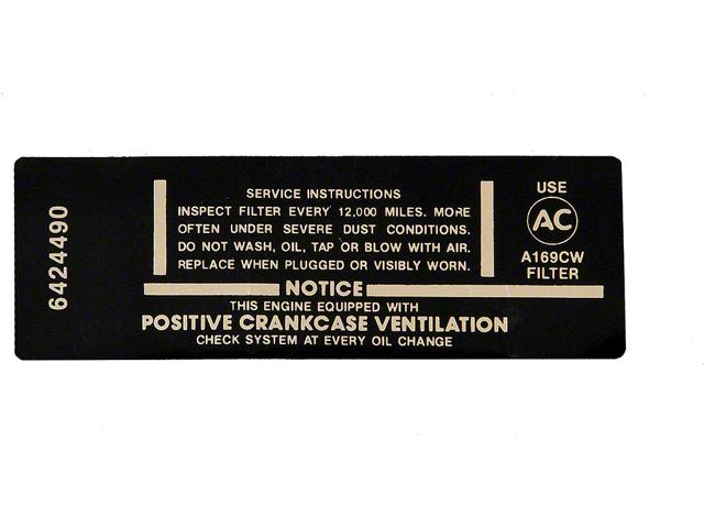 Full Size Chevy Air Cleaner Service Instructions Decal, 283ci/195hp, 1966-1967