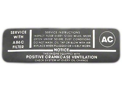 Full Size Chevy Air Cleaner Service Instructions Decal, 283ci/220hp, 1964