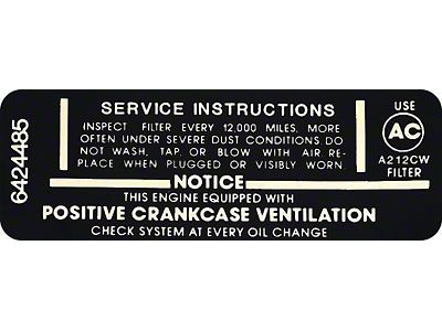 Full Size Chevy Air Cleaner Service Instructions Decal, 327ci/275hp, 1966-1967