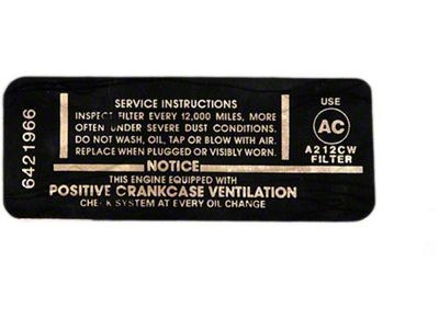 Full Size Chevy Air Cleaner Service Instructions Decal, 327ci/275hp, 1968