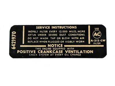 Full Size Chevy Air Cleaner Service Instructions Decal, 396ci/375hp, 1965