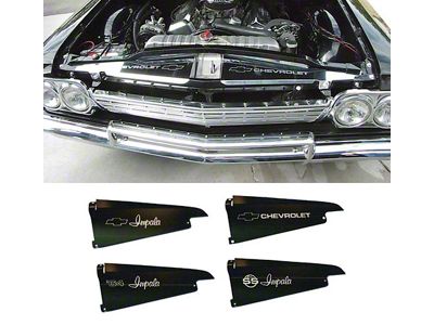 Full Size Chevy Core Support Filler Panels, Black Anodized,With Logo/Design, 1964
