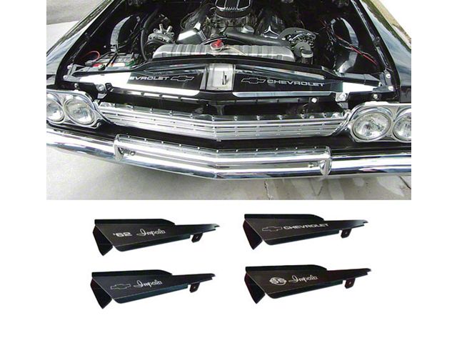 Full Size Chevy Core Support Filler Panels, Clear Anodized Silver Satin , With Logo/Design, 1962