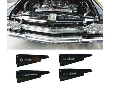 Full Size Chevy Core Support Filler Panels, Clear Anodized Silver Satin , With Logo/Design, 1963