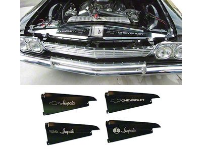 Full Size Chevy Core Support Filler Panels, Clear Anodized Silver Satin , With Logo/Design, 1964