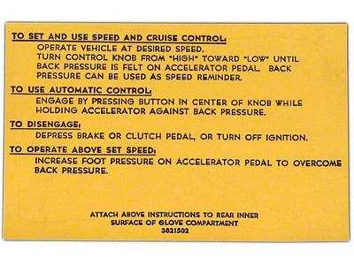 Full Size Chevy Cruise Control Instructions Decal, 1967-1969