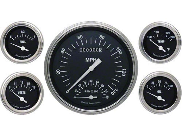 Full Size Chevy Custom Gauge Set, Black Face, With White Lettering, Hot Rod, Classic Instruments, 1959-1960