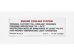 Full Size Chevy Engine Cooling System Warning Decal (71-72 Biscayne; 71-72 Impala; 71-72 Kingswood)