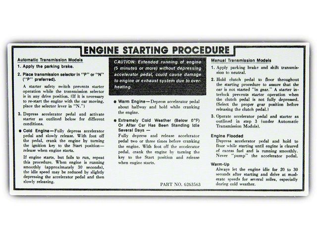 Engine Starting Procedure Decal,1972