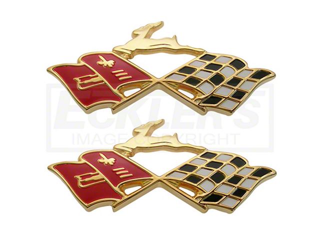 Full Size Chevy Impala Rear Quarter Panel Crossed Flags Emblems, Gold Tone, 1960