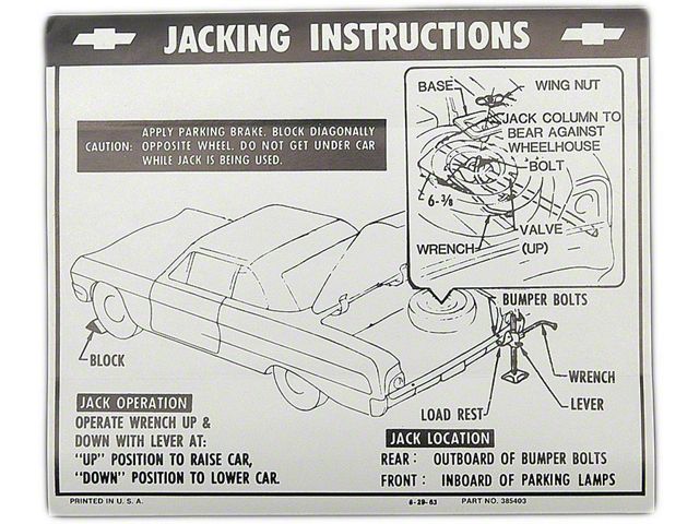 Full Size Chevy Jack Stowage & Jacking Instructions Sheet, Convertible, 1964 (Impala Convertible)