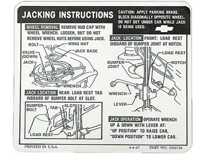 Full Size Chevy Jack Stowage & Jacking Instructions Sheet, Convertible, 1968 (Impala Convertible)