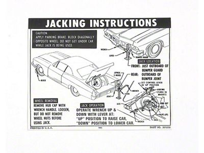 Full Size Chevy Jack Stowage & Jacking Instructions Sheet, Hardtop & Sedan, 1965