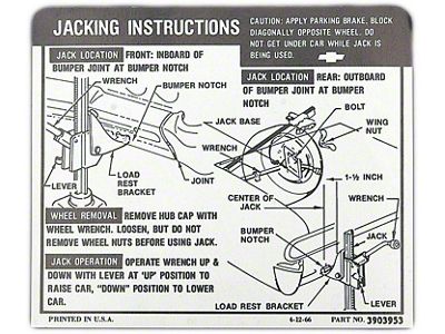 Full Size Chevy Jack Stowage & Jacking Instructions Sheet, Hardtop & Sedan, 1967