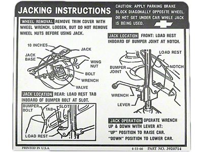 Full Size Chevy Jack Stowage & Jacking Instructions Sheet, Hardtop & Sedan, 1968