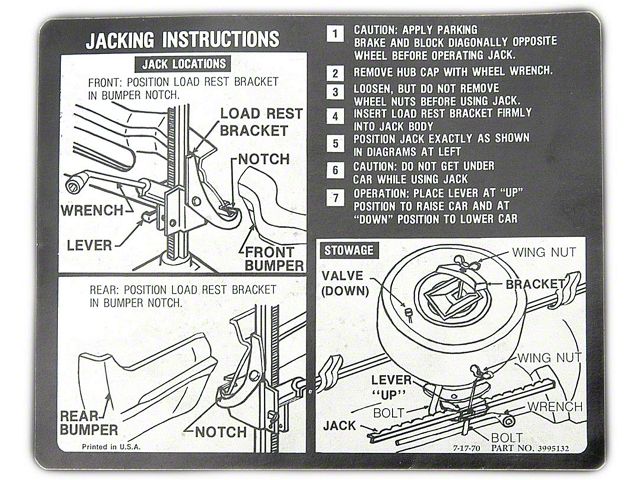 Full Size Chevy Jack Stowage & Jacking Instructions Sheets,Hardtop &Sedan, 1971