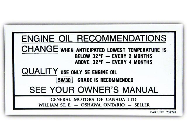 Full Size Chevy Oil Change Decal-Canada, 1968-1969