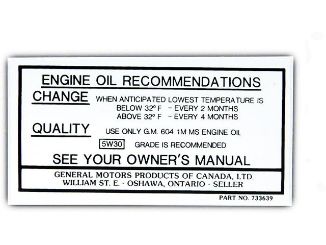 Full Size Chevy Oil Change Decal-Canada, 1969