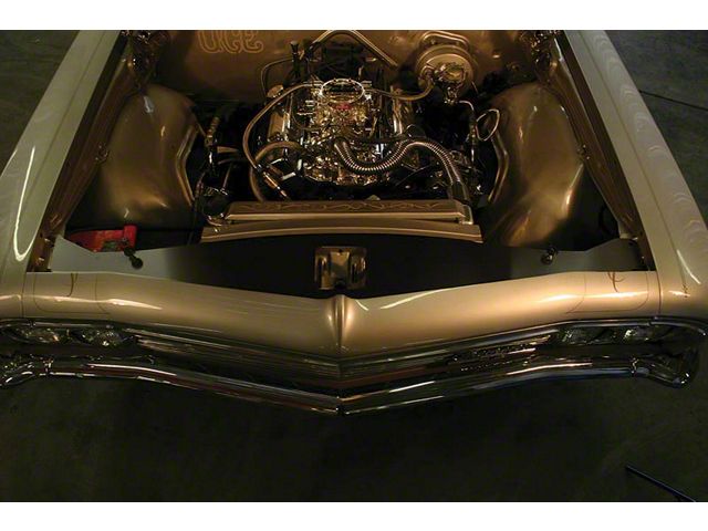 Full Size Chevy Radiator Core Support Filler Panels, Black Anodized, With Logo, Impala, 1965-1966