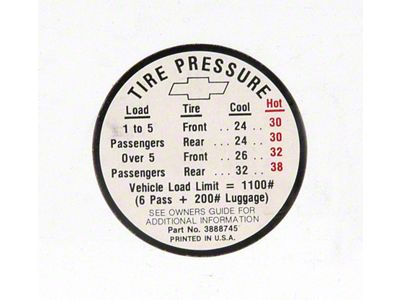 Full Size Chevy Tire Pressure Decal, 1966