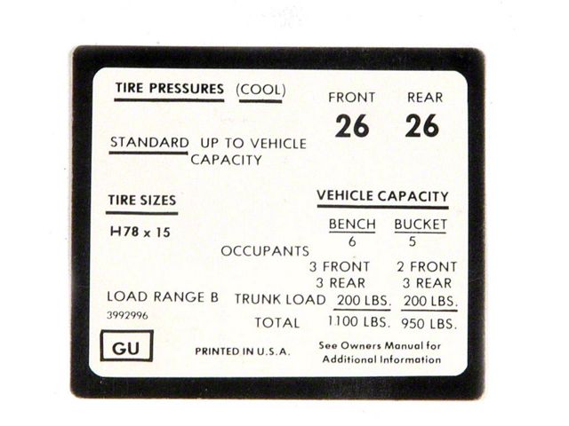 Full Size Chevy Tire Pressure Decal, 1972